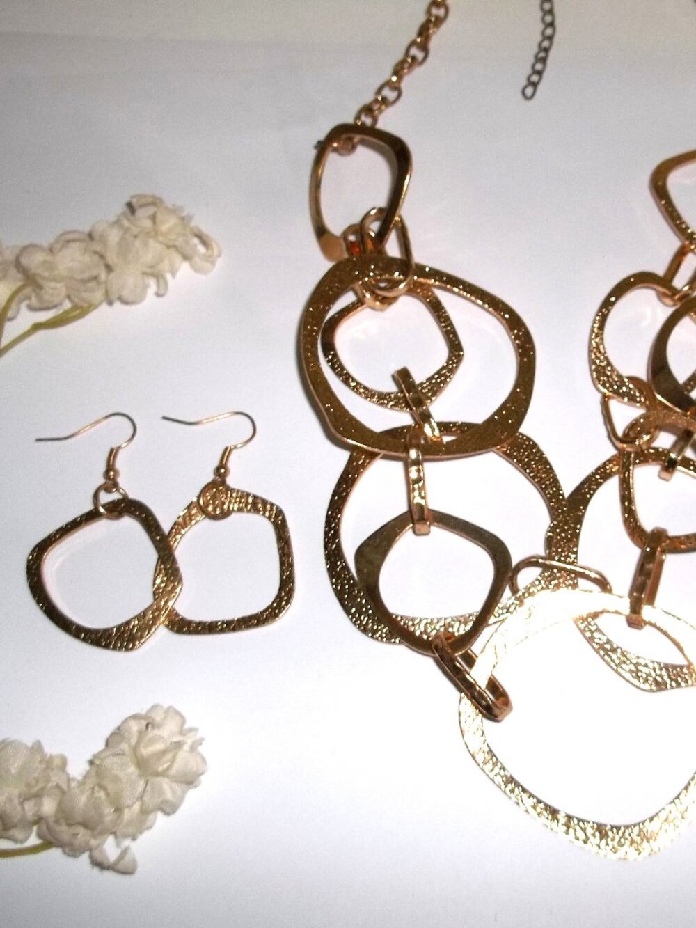 Gold Jewelry Set Long Chunky Necklace and Hoop Earrings Matching Modern Set D857